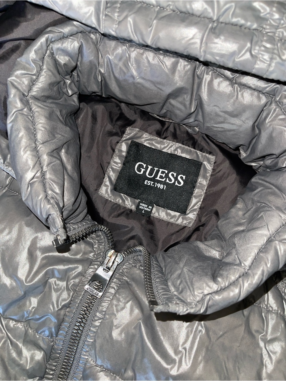 Guess Shiny Gray Quilted Hooded Puffer Jacket - Picture 3 of 4
